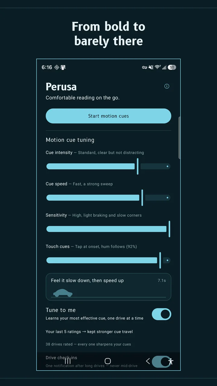 Perusa settings: cue intensity, cue speed, sensitivity and bump filter sliders