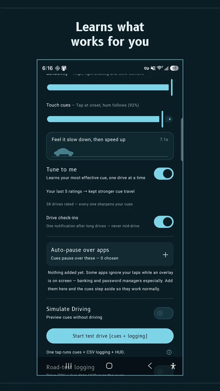 Perusa Tune to me screen, which learns the most effective cues from rated drives